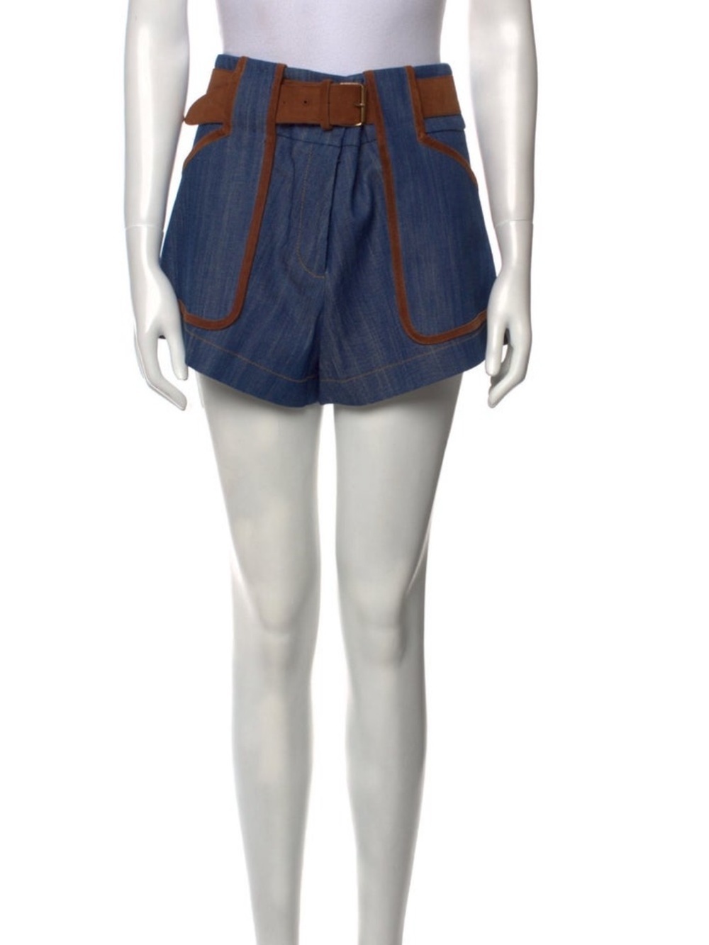 Derek Lam 10 Crosby INTERMIX Shorts Blue HR DARK Wash Saddle Brown Leather Sz 0 - Picture 10 of 13